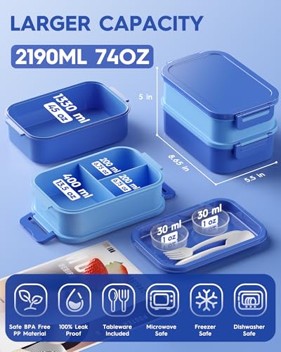 KEMETHY Adults Bento Lunch Box Set with Thermo Bag, 74oz Stackable Leak-proof 3-tiers Bento Box, Built-in Utensil and Sauce Container for Work, School, Dining Out (Blue) - color: Sapphire Blue