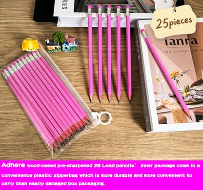 Adhere 25pcs Woodcase Pencils with Eraser Premium Pre-Sharpened Hexagon Graphite 2B pencils ideal for home, office writing including a Free Sharpener(Pink・25pcs) - color: Pink・25pcs