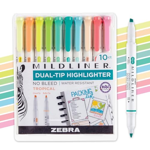 Zebra Pen Mildliner Dual-Tip Highlighter Set, Broad and Fine Point Tips, No Bleed, Ideal for Bible Highlighting, Journaling, School and Office Supplies, Tropical Bisque Ink Colors, 10-Pack (78301) - color: Fluorescent C, size: 1 Count (Pack of 10)