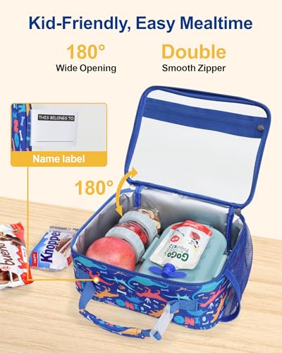 Bagseri Clear Kids Lunch Bag - School Snack Bag with Bottle Holder | Side Pocket, Buckle Handle, Wide Opening, PEVA Lining, School Boys Lunch Box, Clear Toy Bags, Blue Dinosaur - color: A-blue dinosaur