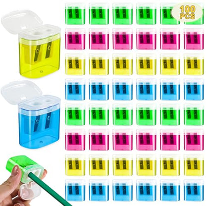 100 Piece Pencil Sharpeners Bulk, Manual Dual Holes Pencil Sharpeners for Kids, 4 Colorful Handheld Sharpeners with Lid Portable Compact for School Supplies Classroom Office Students Home
