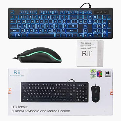 Rii Three Colors Backlit Keyboard and Mouse, Wired Keyboard and Mouse Combo, USB Keyboard and Mouse Set,Quiet Input Gaming Keyboard,Optical RGB Mouse for School,Office,Business and Gaming