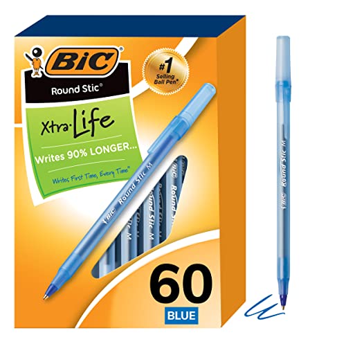 BIC Round Stic Xtra Life Ballpoint Pen, Medium Point (1.0mm), Blue, Flexible Round Barrel For Writing Comfort (Pack of 9, 540 Count Total) - color: Blue, size: 60 Count (Pack of 9)
