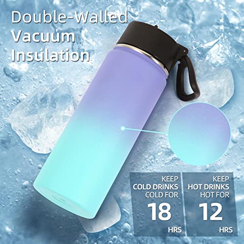 Volhoply 18oz Insulated Water Bottle Bulk 2 Pack,Kids Stainless Steel Water Bottles with Straw Lid,Double Wall Vacuum Metal Cups,Wide Mouth Reusable Sports Flask For Cold Drink(Purple Blue,2 Set) - color: Purple Blue