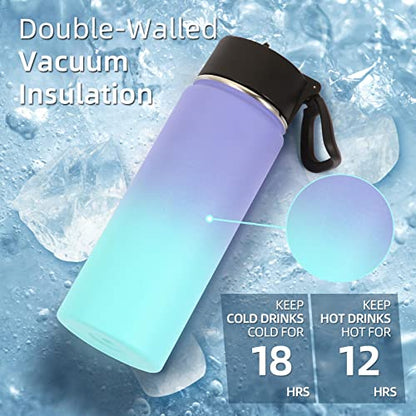 Volhoply 18oz Insulated Water Bottle Bulk 2 Pack,Kids Stainless Steel Water Bottles with Straw Lid,Double Wall Vacuum Metal Cups,Wide Mouth Reusable Sports Flask For Cold Drink(Purple Blue,2 Set) - color: Purple Blue