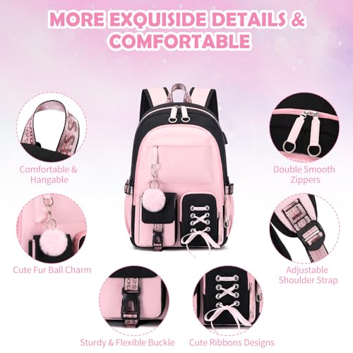 ACESAK Kids School Backpack for Girls, 4-In-1 Bookbag Backpack Set with 14OZ Insulated Kids Water Bottle, Lunch Bag Set for Girls Kid Teens Middle School Student, Girl Backpacks for Schools - color: Black-pink