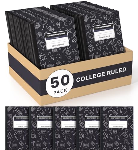 Oucaru Composition Notebook 50 Pack Bulk College Ruled, Black Cover Notebooks for School, 70 Sheets 7-1/2"x9-3/4, Back to School Supplies Journal for K-12 Students - color: Black, size: 50 Pack