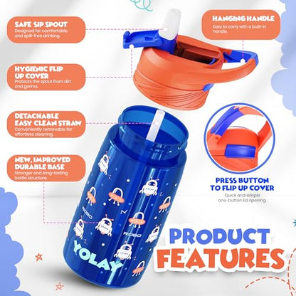 YOLAY 15oz Kids Water Bottle For School Boys and Girls, Durable Toddler Water Bottle with Straw Lid Leak-Proof, Spill Proof, Easy Clean and Dishwasher Safe with Re-Usable and BPA Free - Robo - color: Robo