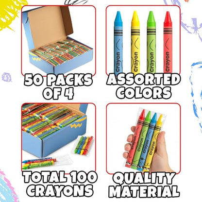 Bulk Crayons 200 Pack (50 Sets of 4) - Individually Wrapped Crayons Party Favors for Kids, Restaurants, Classrooms, Birthday Goodie Bags, School Supplies, Travel, Toddler Coloring Fun, Non-Toxic Wax - style: 50 Packs of 4 (200 Count)
