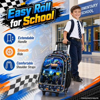 WZLVO 3PCS Boys Wheeled Backpack, 18" Truck Print Rolling Backpack for Kids, Includes Matching Lunch Bag & Pencil Bag - Blue Power Truck - color: 3PCS Boys Rolling Backpack - Blue Power Truck