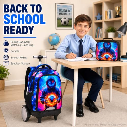 KLFVB Big Quiet-Glide Wheels Boys Backpack, 3-in-1 Rolling Bookbag Set with Lunch Bag | Water-Resistant Roller Bag for Kids, School, Travel, Play - Devil Soccer - color: Rolling Backpack with Big Wheels - Devil Soccer