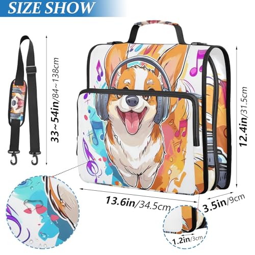 Cute Cartoon Corgi Music 3 Ring Zipper Binder with Shoulder Strap for School Office Organizer Storage