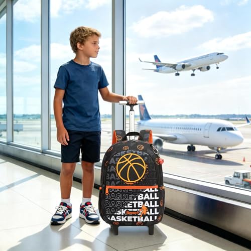 Kids Rolling Backpack for Boys 16.5" School Roller Backpack with Lunch Box, Toddler Backpacks with Wheels Rollig Wheeled Backpacks for Elementary School - color: Black Basketball