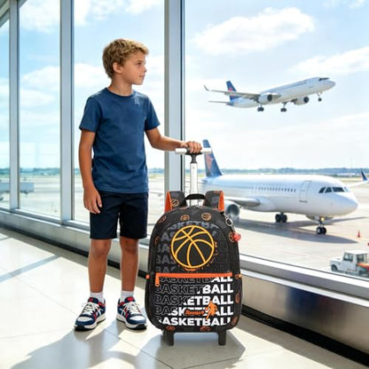 Kids Rolling Backpack for Boys 16.5" School Roller Backpack with Lunch Box, Toddler Backpacks with Wheels Rollig Wheeled Backpacks for Elementary School - color: Black Basketball