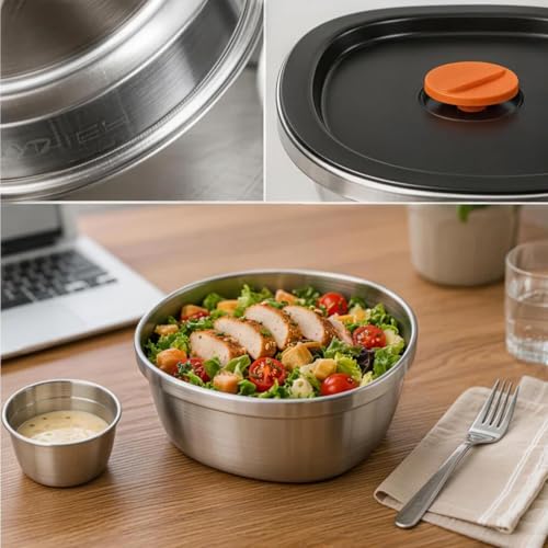 50 Oz Stainless Steel Salad Bowl with Lid, 3 Pack Salad Container for Lunch, Reusable Sealed Meal Prep Bowls with Sauce Dishes and Date Dial, Leak Proof Design for Picnic Kitchen Daily Use