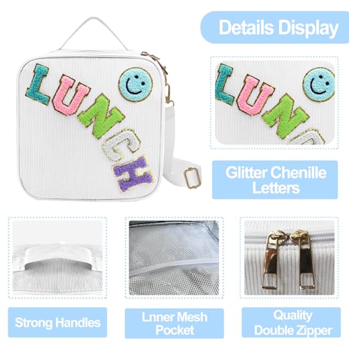 Insulated Lunch Bag With Adjustable Shoulder Strap, Cute Corduroy Preppy Lunch Box Large Insulated Lunch Bag Reusable Lunch Tote Bag (White) - color: White