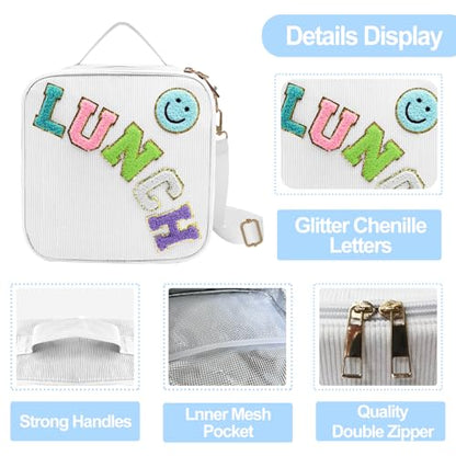Insulated Lunch Bag With Adjustable Shoulder Strap, Cute Corduroy Preppy Lunch Box Large Insulated Lunch Bag Reusable Lunch Tote Bag (White) - color: White