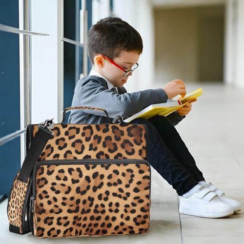 Leopard Print Waterproof Zipper Binder with Shoulder Strap, 3-Ring Trapper Keeper with Lay-Flat Design and Multiple Compartments for School & Office, Adults & Kids
