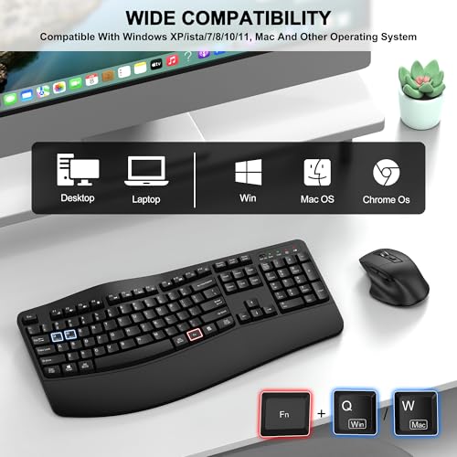 Wireless Keyboard and Mouse Combo, 2.4G Full Size Wave Keys Ergonomic Keyboard with Wrist Rest and 3-Level DPI Adjustable Wireless Ergonomic Mouse for Windows, Mac OS Desktop/Laptop/PC(Black) - color: Black
