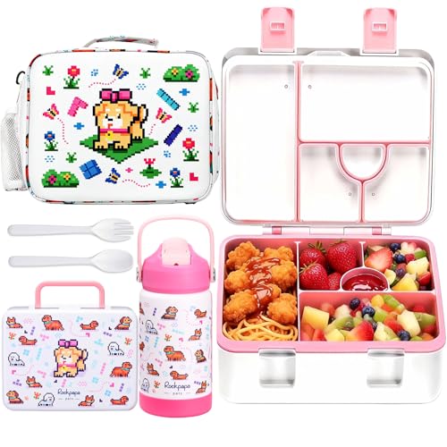 rockpapa Kids Lunch Box Set with 14oz Insulated Water Bottle & Lunch Bag, Leakproof 5.5 Cups Bento Box for School & Children, BPA-Free, Microwave Safe for Boys Girls (White Pets) - color: White Pets