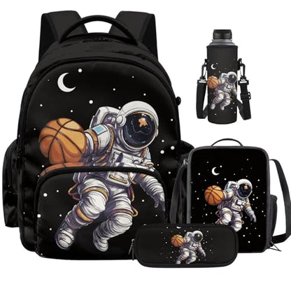 Basketball Astronaut Backpack for Boys Girls Backpack with Lunch Box Water Bottle Holder and Soft Pencil Case Kids 4PCS Set Bookbag with Front Pocket for School 17 inch Sturdy School Bag - color: Basketball Astronaut
