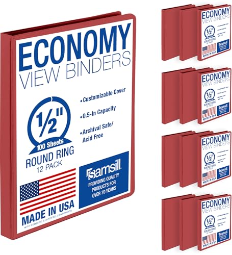 Samsill 0.5 Inch 3 Ring Binders, Economy Round Ring, Clear View Cover, 100 Sheet Capacity - for School, Home, Office - Red, 12 Pack - color: Red, size: 12-Pack, style: 0.5-Inch