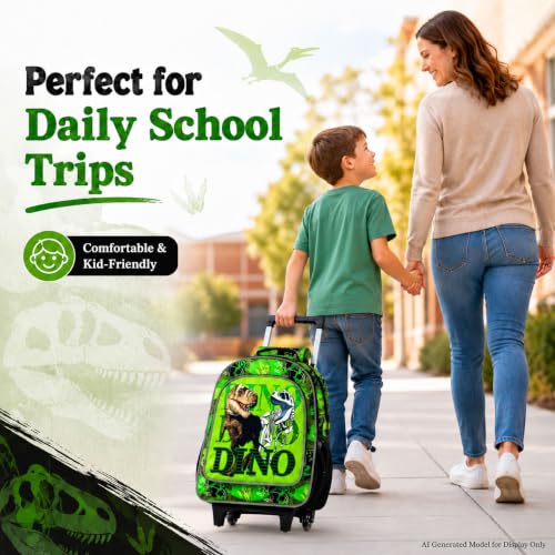 CCJPX 3PCS Dinosaur Kids Rolling Backpack Boys, School Bookbag with Wheels, Travel Roller Wheeled Backpacks for Toddler Elementary-Green - color: Dinosaur Green