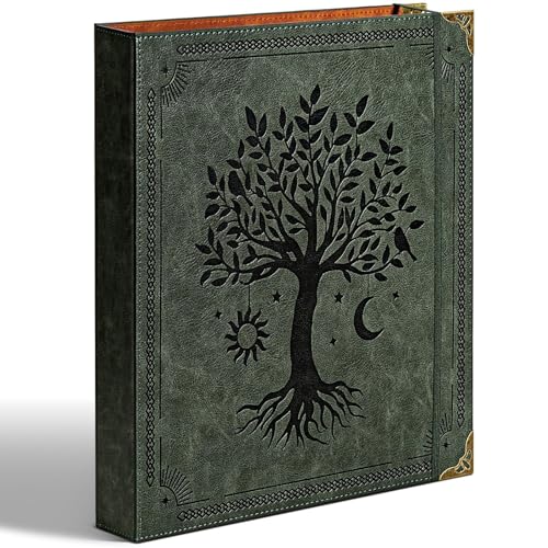 Ovesmusl Leather D Ring Binder Fits 8.5"x11" Letter Size Paper, 1.5 Inch D-Ring Binders Holds 400 Sheets, Notepad Paper Cover Loose Leaf Organizer with Inner Pockets, Green Tree - color: Green, size: 1.5 inch, style: 1 Pack