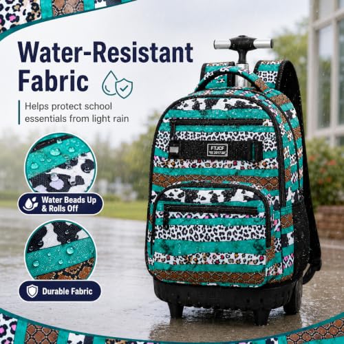 AGSDON Bold Leopard Stripe Wheeled Backpack Set – 20” Girls Rolling Bookbag with Matching Lunch Box for Travel, Commute & School | Water-Resistant Fashion Roller Organizer in Green - color: Rolling Backpack Set - Leopard Stripe Green