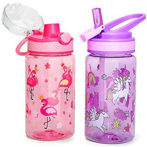 16oz Kids Water Drinking Bottle - Tritan BPA Free, Auto Flip Chug Lid, Sip Straw Lid, Carry Loop, Lightweight, Leak-Proof, Cute Design Girls & Boys - 2 Pack Unicorn & Flamingo - color: Unicorn & Flamingo