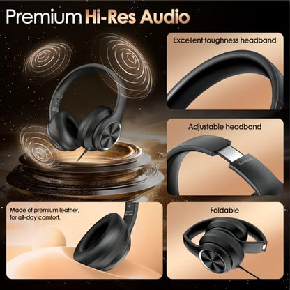 Active Noise Cancelling Headphones, USB C Headphones Wired Headphones Over Ear with HD Mic, Hi-Fi Stereo Sound, Big Bass, Portable Foldable Lightweigh Headphone for Airplane Trave/Office/Game/School
