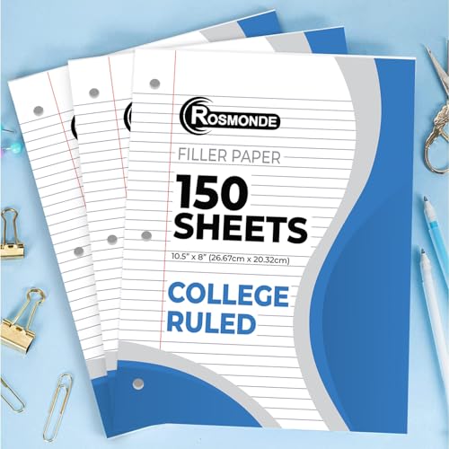 Rosmonde 6 Pack Loose Leaf Paper, 900 Sheets, College Ruled, 8" x 10.5", Bulk Office Filler Paper, 150 Sheets/Pack, 3 Hole Punched, College Ruled Paper for 3 Ring Binder, Notebook Paper, White - color: College Ruled, size: 6 Pack (900 Sheets)