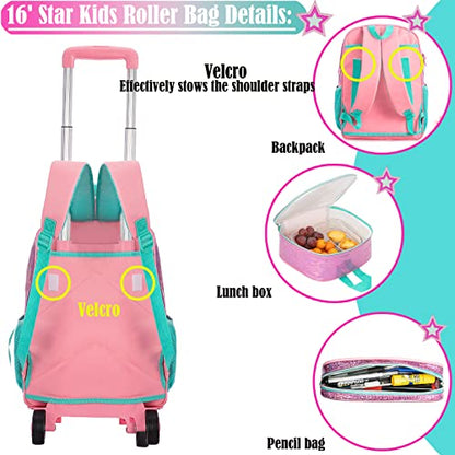 School Kids Rolling Backpack for Girls With Wheels Trolley Wheeled Backpacks Travel Bags 3PCS With Lunch Box Kids Rolling Suitcase Pink - color: Magic Color-1216-2