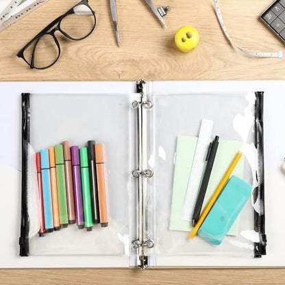 Lincia 24 Pack Clear Pencil Pouch for 3 Ring Binder Pencil Case with Zipper 3 Ring Binder Pocket Insert Bag 10 x 7'' Visible Cash Envelope with Re-enforced Grommet for Office(Black, Clear) - color: Black, Clear