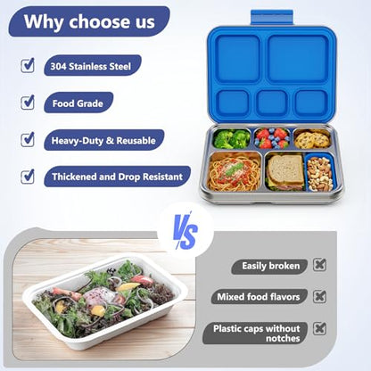 Pawtong Stainless Steel Lunch Box, 5-Compartment Bento Lunch Box for Kids & Adults,Metal Lunch Box with Removable Silicone Container, Lunch Box Containers for School,Office (Blue) - color: Blue