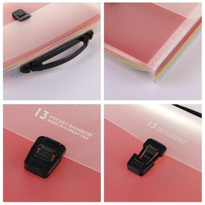 Large Capacity Accordion File Organizer 13 Pockets A4 Rainbow Expanding File Folder for Cards, Letter, A4 Paper, Document - size: with Handle