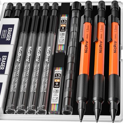 Nicpro 3 PCS 1.3 mm Orange Mechanical Pencils Set with 66 Lead Refill, 3 Eraser - Weatherproof Metal Barrel, Heavy Duty Carpenter Pencil MP2000 for Outdoor Marking Drafting Drawing Woodworking - style: 3 Pack (Orange)