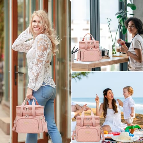 AIJIEKE Lunch Bag for Women, Insulated Double Deck Work Lunch Box, Pink | Durable, leakproof thermal cooler tote. Double compartment, expandable pockets, strap. For travel meal prep, beach, picnic - color: Pink