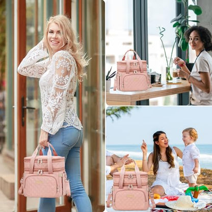 AIJIEKE Lunch Bag for Women, Insulated Double Deck Work Lunch Box, Pink | Durable, leakproof thermal cooler tote. Double compartment, expandable pockets, strap. For travel meal prep, beach, picnic - color: Pink