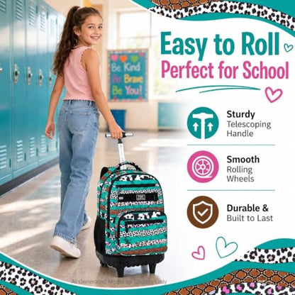 gxtvo Rolling School Backpack for Girls, Women Roller Bookbag with Lunch Box for Adults, Water Resistant Wheeled School Bag for College Teens Kids Travel - Leopard Print & Green Stripe - color: Leopard Print Green Stripe