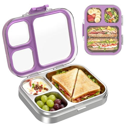 LOHASOK Kids Stainless Steel Lunch Bento Box BPA-Free Leak-Proof Tritan Lid 304 Metal Food Container with 3 Compartments for Girls Boys School Purple - color: Purple, size: 27oz/800ml