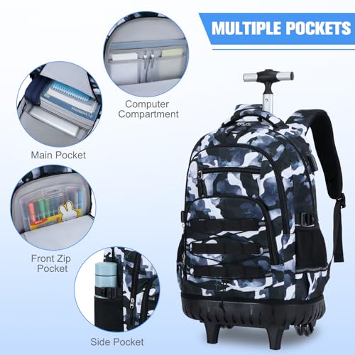 ACESAK Camo Rolling Backpack Boys, Tactical Kids Backpack Boys, Kids Suitcase for Boy Teens Elementary Middle High School, Military Backpack with Wheels and Lunch Bag Pencil Case Set (Camo Lightning) - color: Camo Lightning
