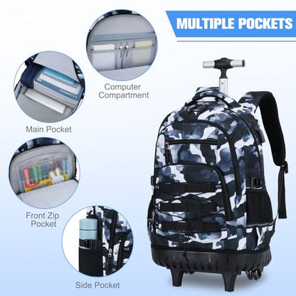 ACESAK Camo Rolling Backpack Boys, Tactical Kids Backpack Boys, Kids Suitcase for Boy Teens Elementary Middle High School, Military Backpack with Wheels and Lunch Bag Pencil Case Set (Camo Lightning) - color: Camo Lightning