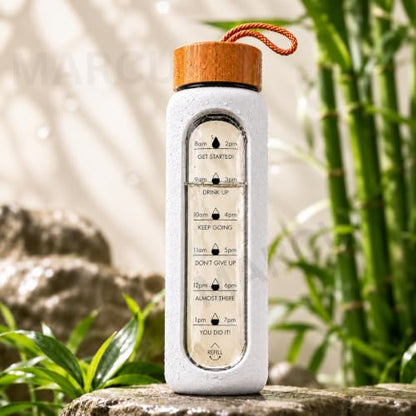1 Litre Borosilicate Glass Water Bottle, Motivational Hydration Tracker Bottle with Bamboo Lid, Protective Silicone Sleeve | Reusable Bottle, Leak-Proof, BPA-Free, Time Marker, White - color: White
