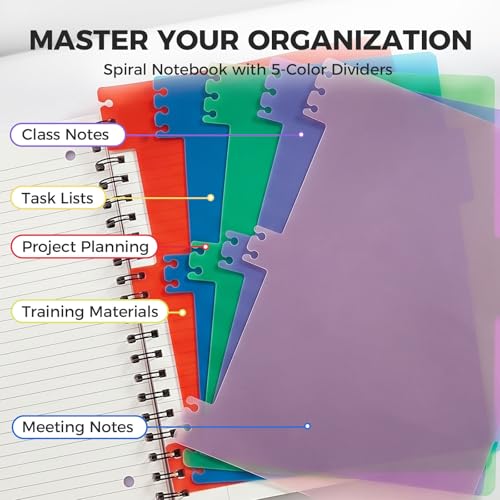 Koogel Spiral Notebook with Tabs, 5 Subject Spiral Notebook Wide Ruled with Removable Dividers, 200Pages Lined Journals for Women Journals Note Taking Work School Gifts, 8.5x11Inch, Pink - color: pink