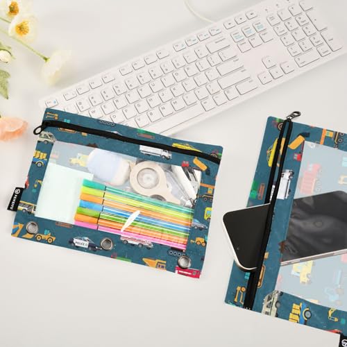 Car Childish Truck Pencil Pouch for 3 Ring Binder, Binder Pencil Pouches with Clear Window Zipper Pencil Case for Office College Supplies, 2PCS (B0305) - color: B0305