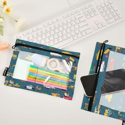 Car Childish Truck Pencil Pouch for 3 Ring Binder, Binder Pencil Pouches with Clear Window Zipper Pencil Case for Office College Supplies, 2PCS (B0305) - color: B0305