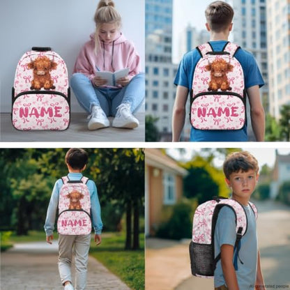 Custom Name Kids Bookbag, Pink Ribbon Bow 3-in-1 Lunch Bag & Pencil Case Combo for Girls,Highland Cow Lightweight Student Backpack Set - color: Pink Bows-highland Cow Name