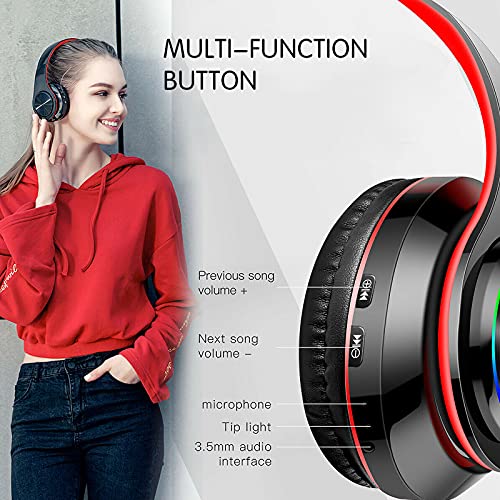 Bluetooth Over Ear Headphones, LED Lights Headphones with Built-in Mic, Light Weight, Bluetooth 5.0, Wireless Foldable HiFi Stereo Headphones for Classroom/Home/Office/PC/Mobile Phone (Black red) - color: Black