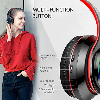 Bluetooth Over Ear Headphones, LED Lights Headphones with Built-in Mic, Light Weight, Bluetooth 5.0, Wireless Foldable HiFi Stereo Headphones for Classroom/Home/Office/PC/Mobile Phone (Black red) - color: Black